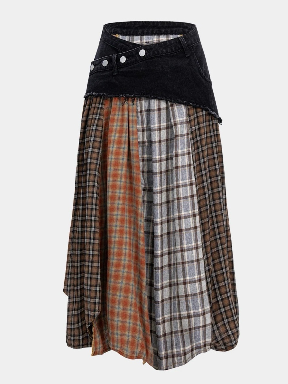 Micas plaid denim patchwork asymmetrical, maxi skirt, black size small